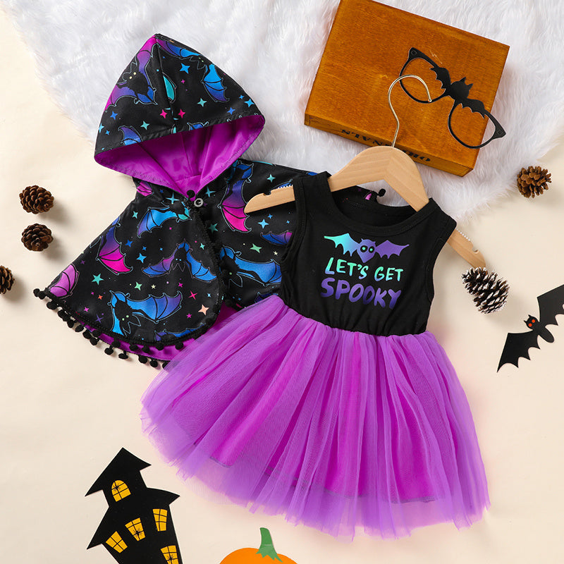Little Girls 2pc Halloween Sleeveless Tulle Dress With Hooded Cloak