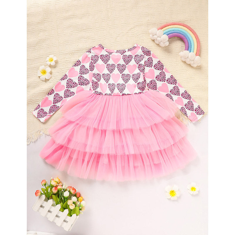 Toddler Girls Long Sleeve Graphic Heart Tulle Dress