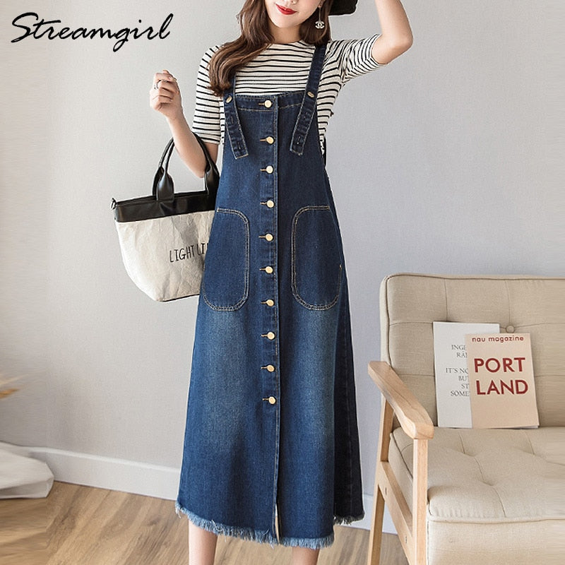 Long Denim Skirt With Straps