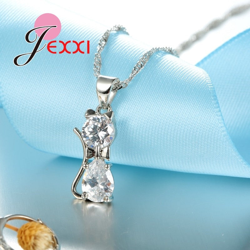 Sterling Silver Cubic Zirconia Kitty Cat Pendant+Leverback Earrings