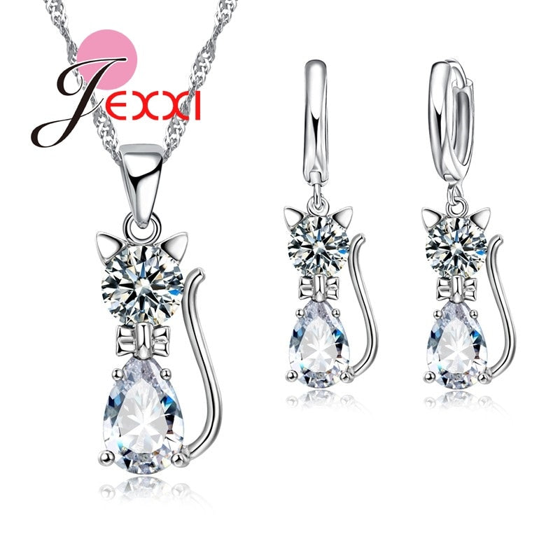 Sterling Silver Cubic Zirconia Kitty Cat Pendant+Leverback Earrings