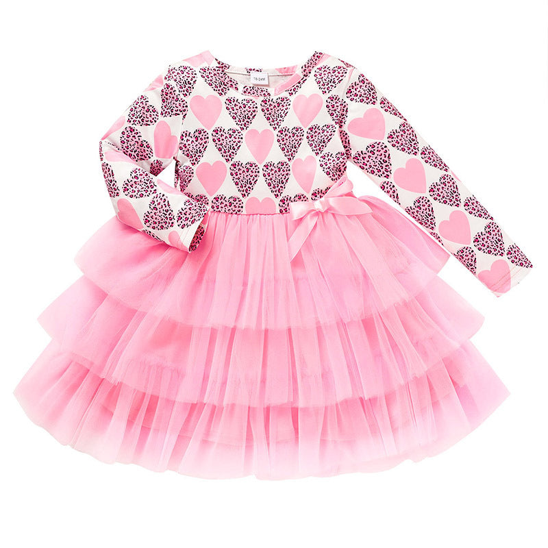 Toddler Girls Long Sleeve Graphic Heart Tulle Dress
