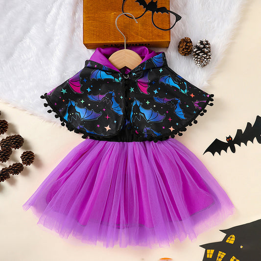 Little Girls 2pc Halloween Sleeveless Tulle Dress With Hooded Cloak