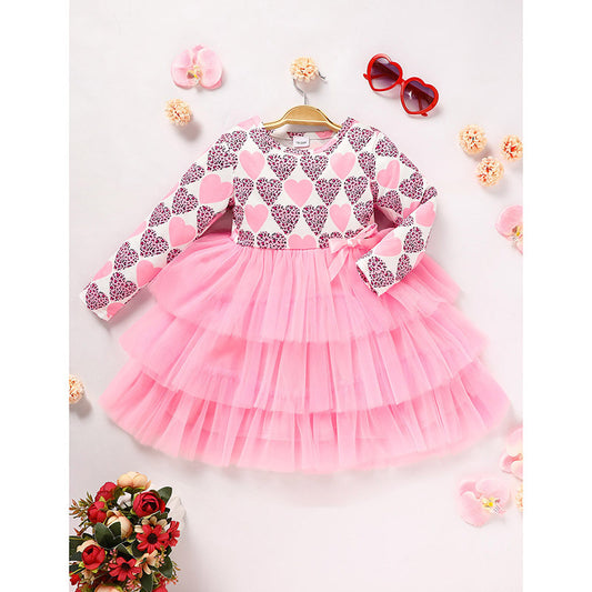 Toddler Girls Long Sleeve Graphic Heart Tulle Dress