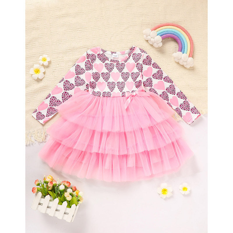 Toddler Girls Long Sleeve Graphic Heart Tulle Dress