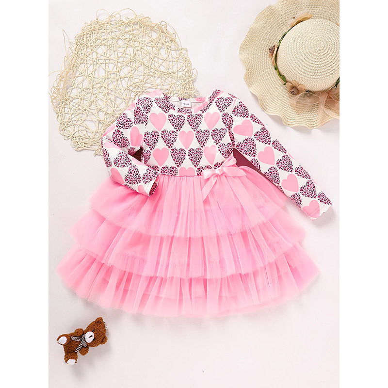 Toddler Girls Long Sleeve Graphic Heart Tulle Dress