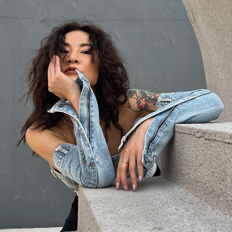 Women's Denim Patchwork Sleeves Cropped Tops