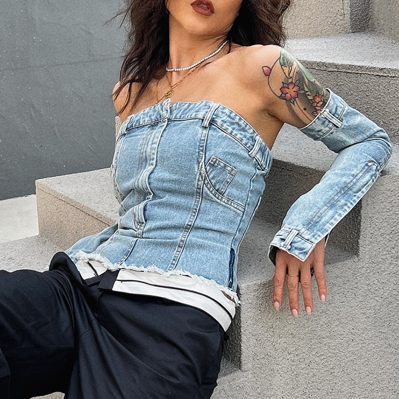 Women's Denim Patchwork Sleeves Cropped Tops