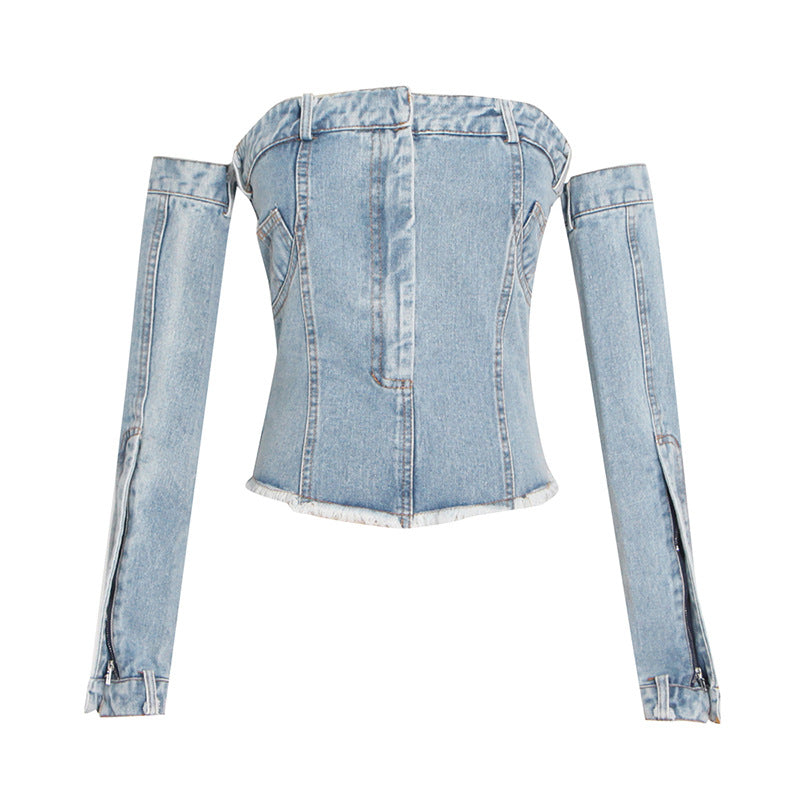 Women's Denim Patchwork Sleeves Cropped Tops