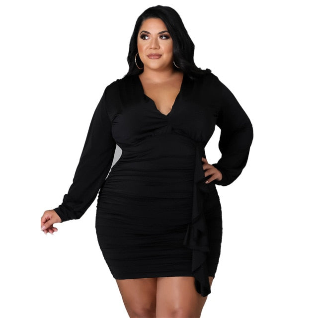 Long Sleeve V Neck Mini Dress L-4XL