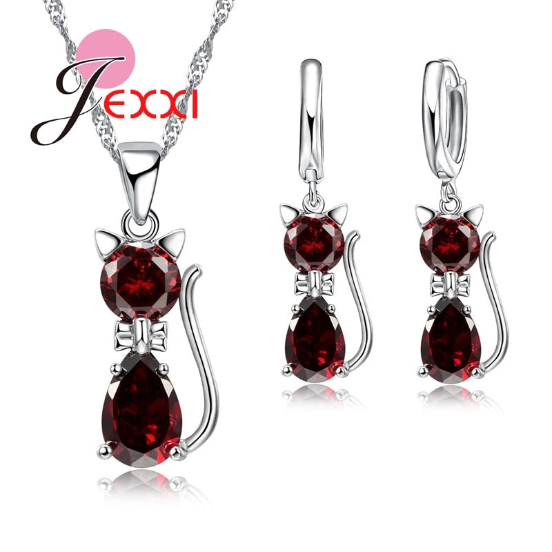 Sterling Silver Cubic Zirconia Kitty Cat  Pendant+Leverback Earrings