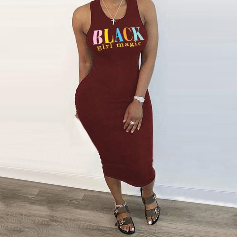 Black-Girl-Magic Print Sleeveless O-Neck Dress