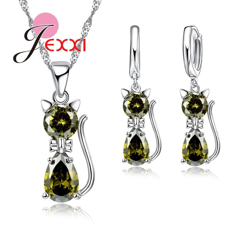 Sterling Silver Cubic Zirconia Kitty Cat  Pendant+Leverback Earrings