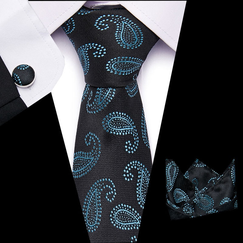 Luxury Paisley Blue Silk Tie with Hanky & Cufflinks