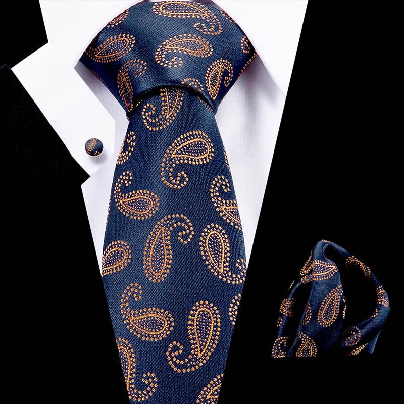 Luxury Paisley Blue Silk Tie with Hanky & Cufflinks