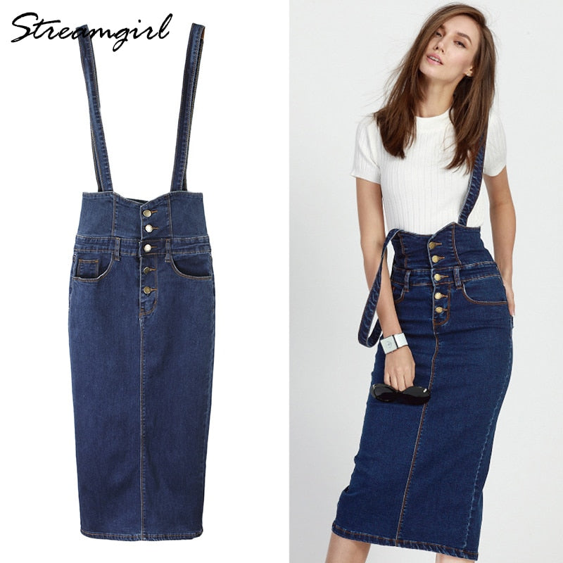 Long Denim Skirt With Straps
