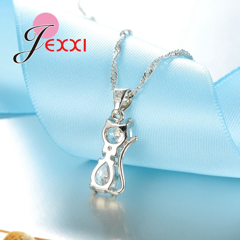 Sterling Silver Cubic Zirconia Kitty Cat  Pendant+Leverback Earrings