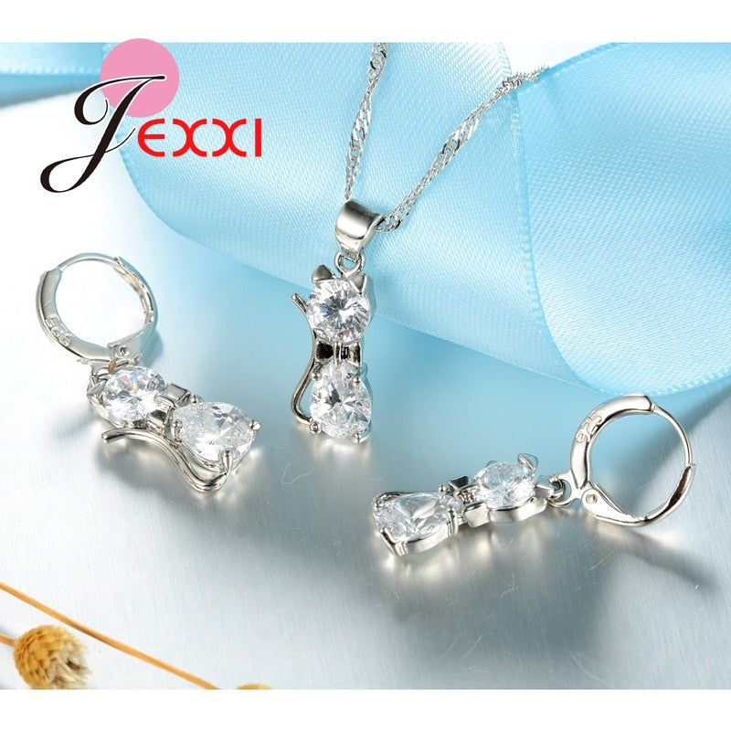 Sterling Silver Cubic Zirconia Kitty Cat  Pendant+Leverback Earrings