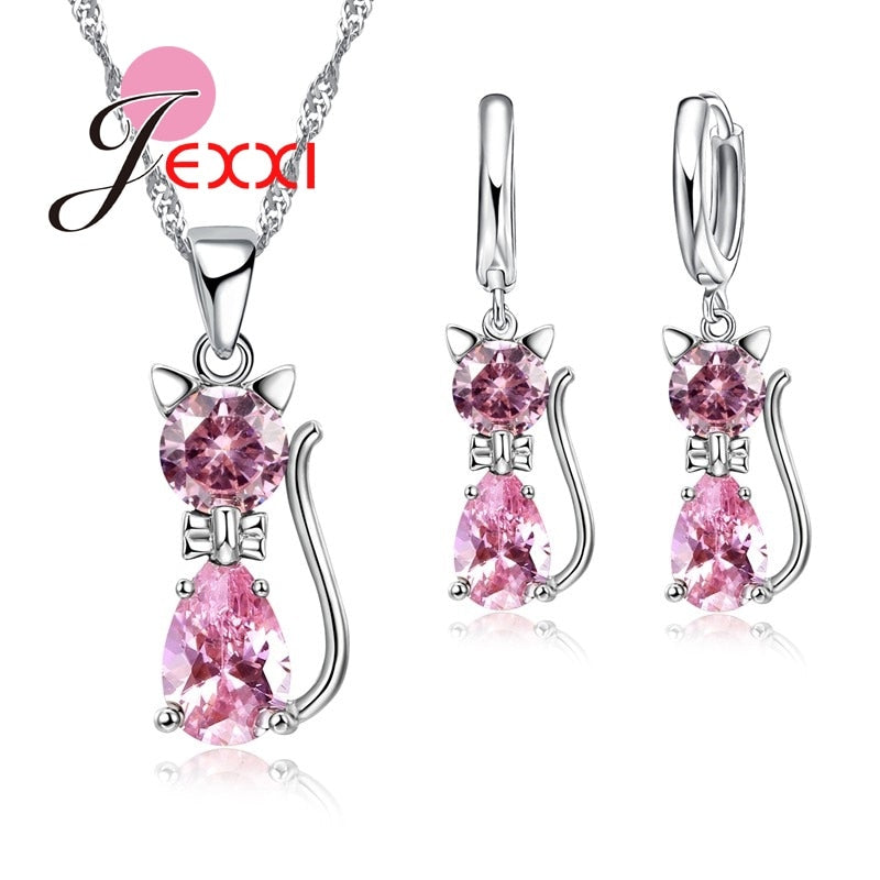 Sterling Silver Cubic Zirconia Kitty Cat  Pendant+Leverback Earrings