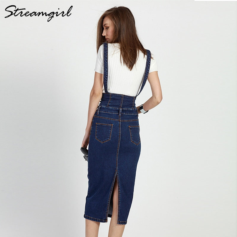 Long Denim Skirt With Straps