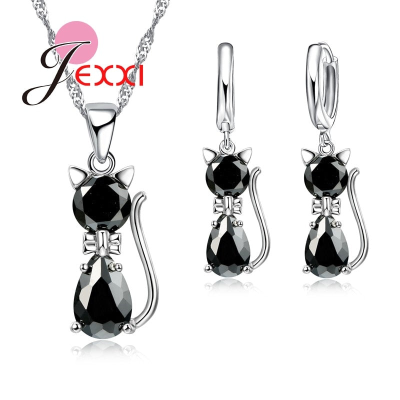 Sterling Silver Cubic Zirconia Kitty Cat  Pendant+Leverback Earrings