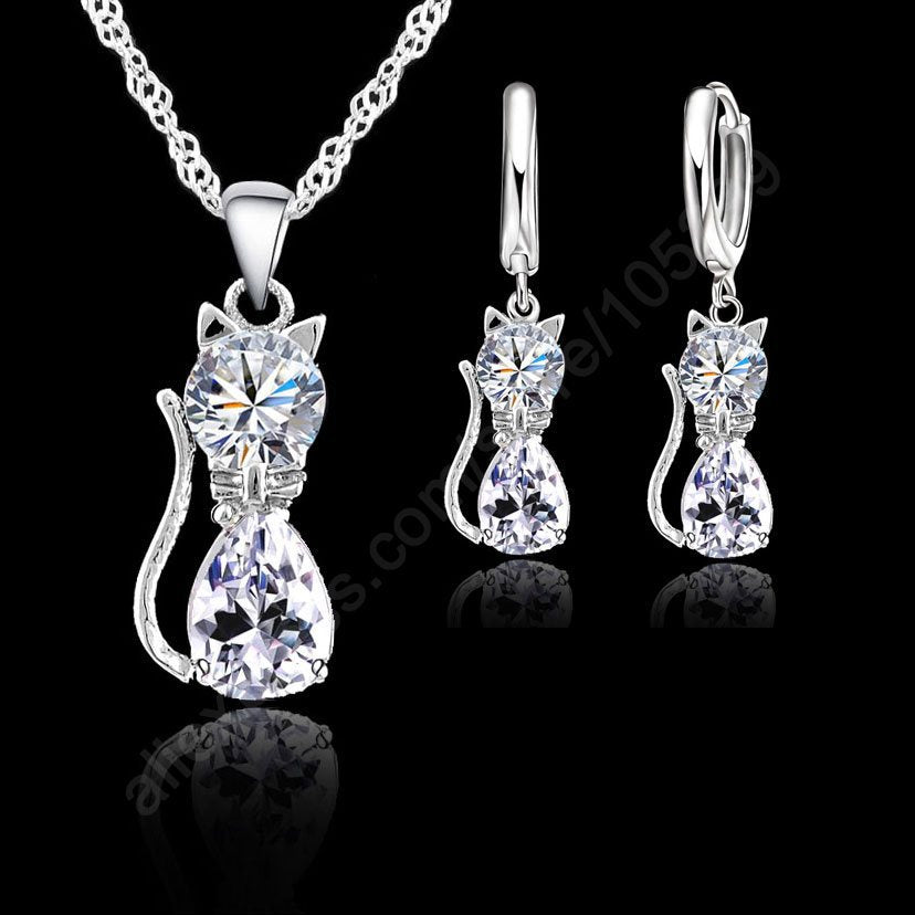 Sterling Silver Cubic Zirconia Kitty Cat  Pendant+Leverback Earrings