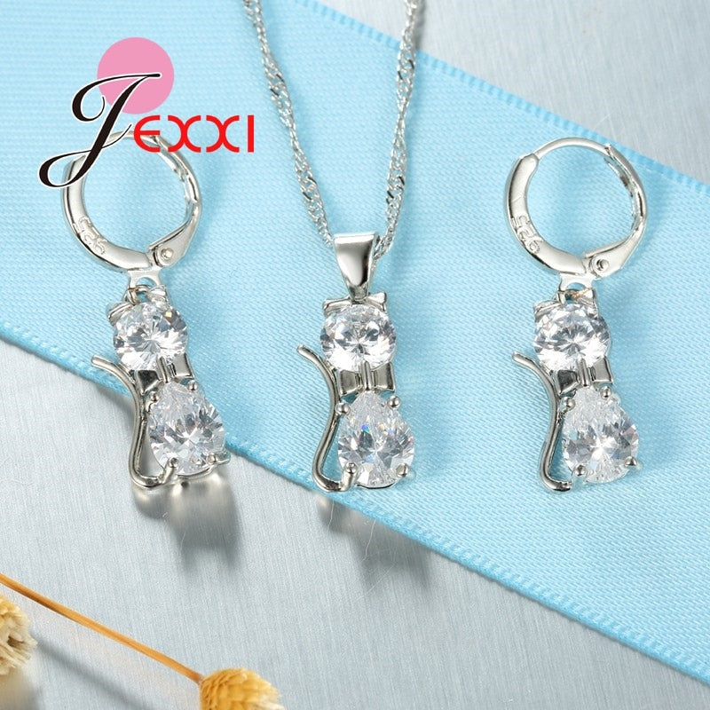 Sterling Silver Cubic Zirconia Kitty Cat  Pendant+Leverback Earrings
