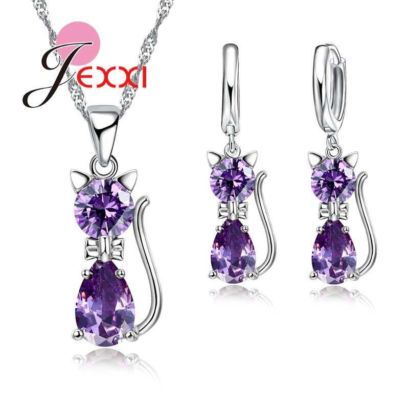 Sterling Silver Cubic Zirconia Kitty Cat  Pendant+Leverback Earrings