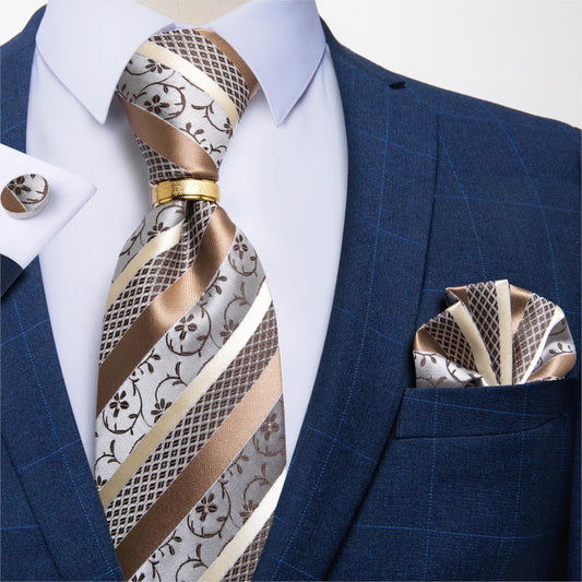 Designer Men's Necktie Striped Floral Paisley Silk Tie Pocket Square Cufflinks