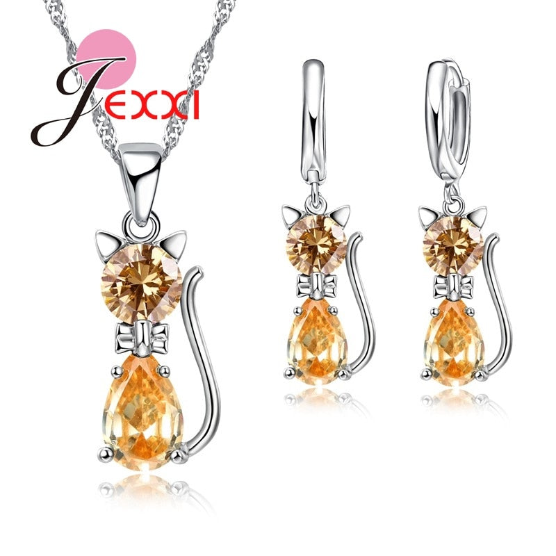 Sterling Silver Cubic Zirconia Kitty Cat  Pendant+Leverback Earrings