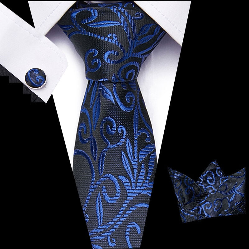 Luxury Paisley Blue Silk Tie with Hanky & Cufflinks