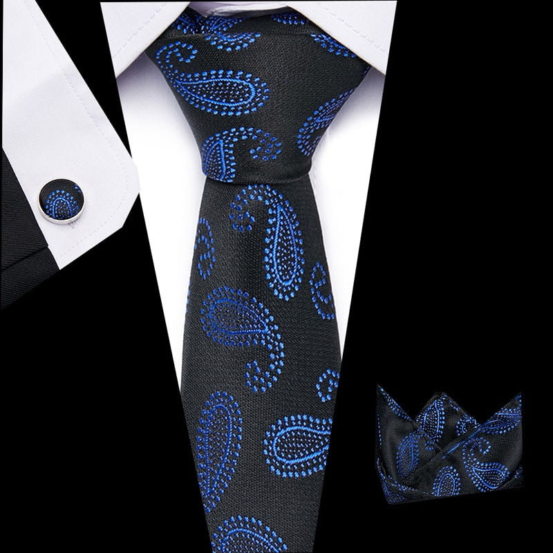 Luxury Paisley Blue Silk Tie with Hanky & Cufflinks