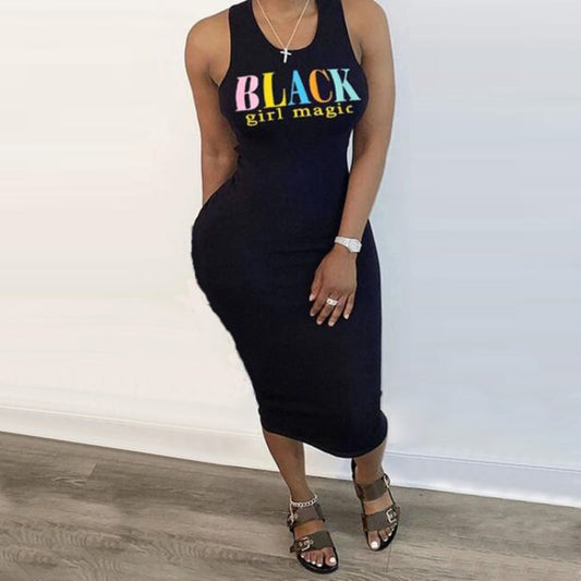 Black-Girl-Magic Print Sleeveless O-Neck Dress