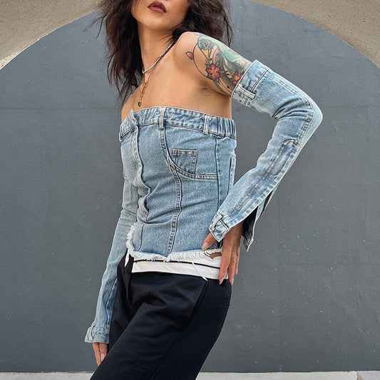 Women's Denim Patchwork Sleeves Cropped Tops